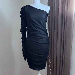 NWT All Saints Elegant Black Sheer Mesh One-Shoulder Dress Size 6
